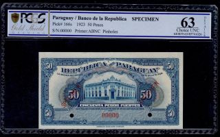 Paraguay Specimen 50 Pesos L.  1923 Pick 166s Pcgs 63 Choice Unc.