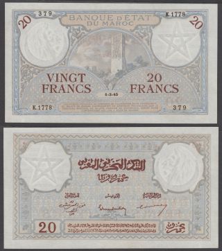 Morocco 20 Francs 1945 (xf) Crisp Banknote P - 18b Rare