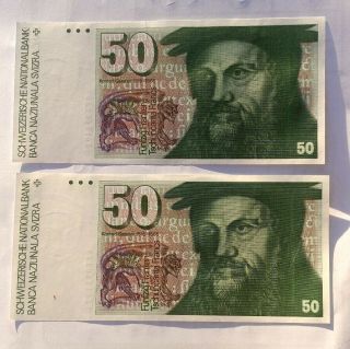 Switzerland 50 Francs X 2 Consecutive Notes Aunc
