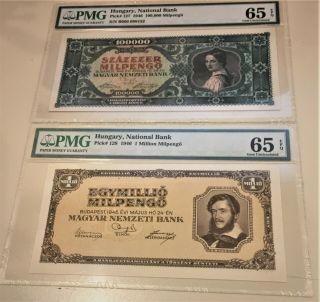 Hungary,  Natl Bank - 100,  000; 1 Million Milpengo 1946 P 127 - 128 - 65epq - Gem Unc.  Pmg