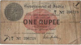 India 1 Rupee Issued 1917 Signed Gubbay,  P1g Good