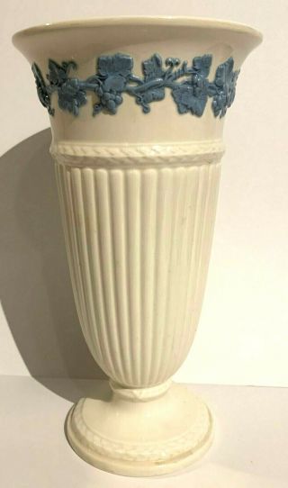 Wedgwood & Barlaston Etruria Blue On White Embossed Queensware 11 Inch Vase