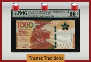 Tt Pk Unl 2018 Hong Kong 1000 Dollars " Majestic Lion " Pmg 66q Gem Uncirculated