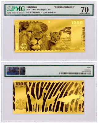 2018 Tanzania Big 5 - Lion Foil Note 1g Gold Prooflike Coin Pmg Unc 70 Sku51819