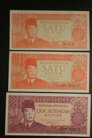 Indonesia Irian Barat 1 & 2 Rupiah,  Riau 1 Rupiah 1961.  Pick R1,  R2 & R6.  Xf.