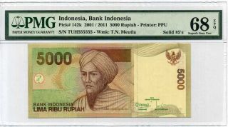 Indonesia 5000 5,  000 Rupiah 2001/11 P 142 Solid 555555 Gem Unc Pmg 68 Epq