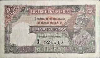 British India 5 Rupees P 15 Kelly 1928 King George Kgv Gfine Scarce