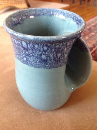 Signed Neher Pottery Clay Right Hand Warmer Coffee Tea Mug Drip Glaze Blue Aqua
