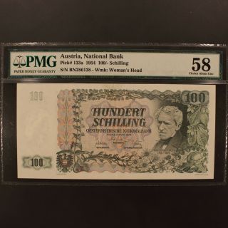 Austria 100 Schilling 2.  1.  1954 P 133a Banknote Pmg 58 - Choice About Unc