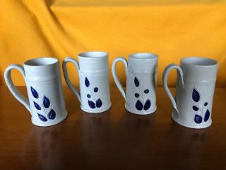 Williamsburg Pottery Blue Leaf Decorated Salt Glazed 5 Inch Mugs Set Of 4