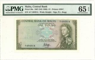Malta 1 Pound Currency Banknote 1967 Pmg 65 Epq Cu