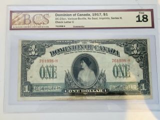 Dominion Of Canada 1917 $1 Bank Note Series H Letter C Fine 18 Bcs 761998 - H