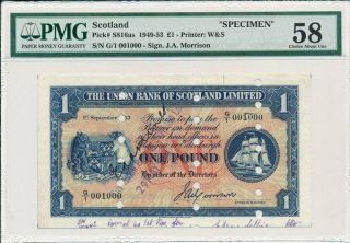 The Union Bank Of Scotland Limited Scotland 1 Pound 1953 Specimen Pmg 58