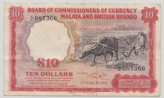 1961 Board Of Commissioners Of Currency Malaya & British Borneo $10 S/no A/41