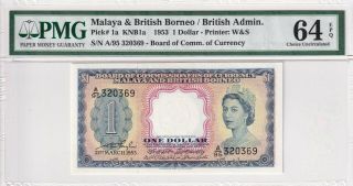 1953 Malaya & British Borneo 1 Dollar P - 1a Pmg 64 Epq Choice Unc