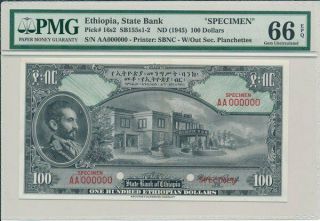 State Bank Ethiopia $100 Nd (1945) Specimen Pmg 66epq