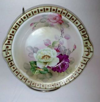 Vintage Moriage Beaded Hand Painted Floral Gilt Nippon 3 Footed Dish Bowl 6 3/4 "