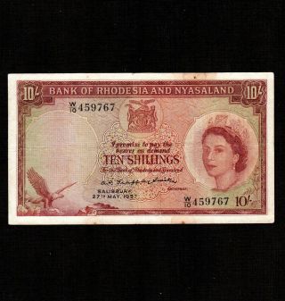 Rhodesia & Nyasaland 10 Shillings 1957 P - 20a Vf,  2 Ph Queen Elizabeth