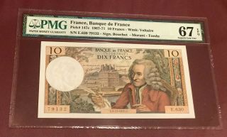 France French 10 Francs Voltaire Pmg 67 Gem Unc Pick 147c Issued 1970