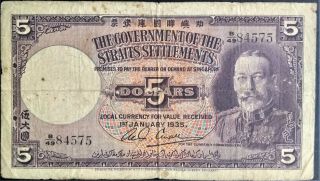 Straits Settlements $5 Dollars 1935 King George Kgv Gfine Singapore Malaya