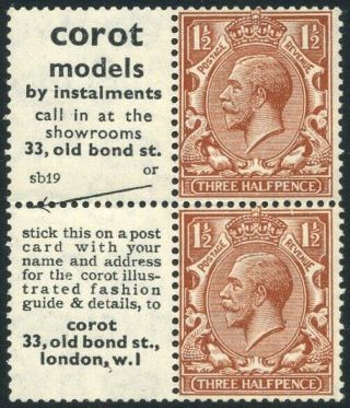 1924 Kgv Block Cypher 1½d Advert Corot Sb19/corot Booklet Pane Sg Nb15 (102)