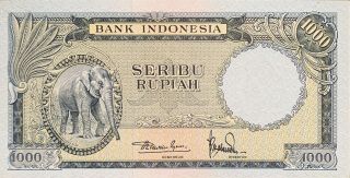 Indonesia Banknote,  1000 Rupiah 1957 Elephant Aunc