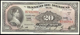 Mexico P - 40h Banco De Mexico 20 Pesos Z - B,  17.  1.  1945 Unc