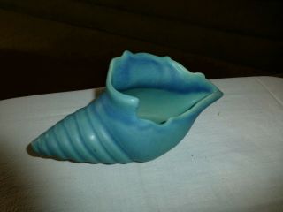 VINTAGE VAN BRIGGLE POTTERY BLUE - GREEN CONCH SHELL PLANTER - SIGNED ON THE BOTTOM - 2