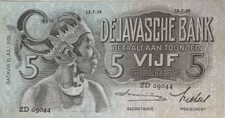 Netherland Indies Banknote,  5 Gulden Wayang 1938 Uncirculated