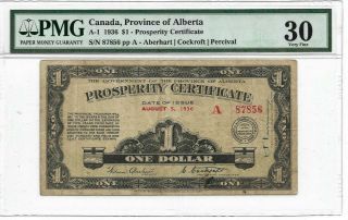 Alberta Prosperity Certificate 1936 $1 Pmg Vf - 30 - 7 Stamps Attached