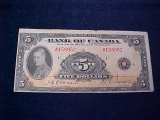 Scarce Orig The Bank Of Canada $5 Bank Note Ottawa " A158952 " C 1935