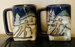 Deer Valley Square Coffee Mugs Skiers Handmade Art Pottery