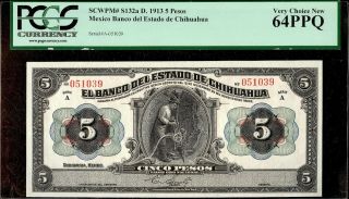 1913 Mexico 5 Pesos Banco Del Estado De Chihuahua Pcgs 64ppq Vcn