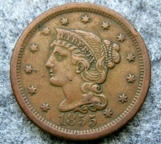 United States 1855 One Cent,  Liberty Head - Braided Hair,  Better Grade