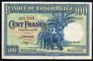Belgian Congo 100 Francs 1946.  Pick 17 C.  Very Fine.