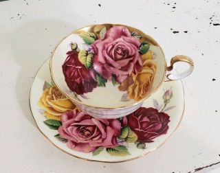 Aynsley Three Cabbage Rose Bone China Tea Cup & Saucer