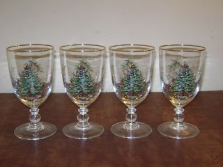 Set Of 4 Spode Christmas Tree Pedestal Wine Goblets Glasses 16 Oz Gold Rim