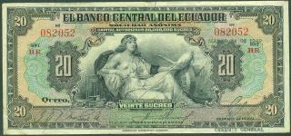 Ecuador Note Banknote 20 Twenty Veinte Sucres 24.  3.  1949 P 93f.  Vf/vf -