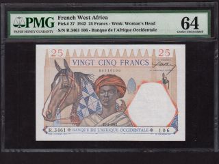 French West Africa:p - 27,  25 Francs,  1942 Horse & Lion Pmg Ch.  Unc 64