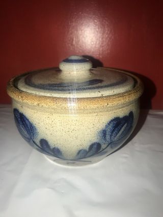 Rowe Pottery Stoneware Cobalt Blue Crock 1986 5 Inch Tall With Lid Usa