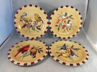 Four Lenox Winter Greetings Salad Plates - Chickadee Cardinal Nuthatch Goldfinch