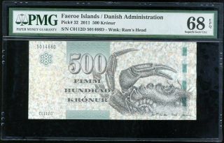 Faeroe Islands 500 Kronur 2011 P 32 Gem Unc Pmg 68 Epq