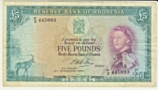 Reserve Bank Of Rhodesia 1964 - 5 Pounds Banknote - Queen Elizabeth Ii