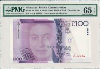 Government Of Gibraltar 100 Pounds 2011 Low No.  : Prefix A/aa006934 Pmg 65epq