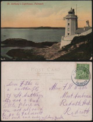 1914 Military Postmark: St Anthony Camp,  Falmouth.  Mount Ambrose,  Redruth