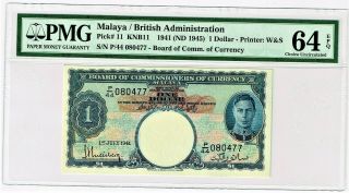 Malaya: 1 Dollar 1.  7.  1941 Pick 11.  Pmg Choice Uncirculated 64 Epq.