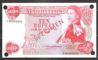 Mauritius 1967 10rupee Banknote Queen Elizabeth Ii " Specimen " Pick 31