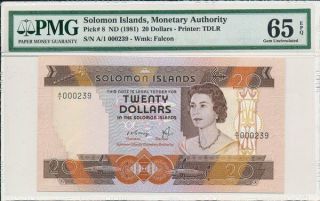 Monetary Authority Solomon Islands $20 Nd (1981) Prefix A/1 Pmg 65epq