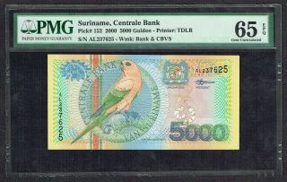 Surinam 5000 Gulden 2000 Unc Sun Parakeet Suriname Pmg 65epq P152 Al237625