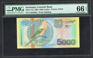 Surinam 5000 Gulden 2000 Unc Sun Parakeet Suriname Pmg 66epq P152 Aj245607